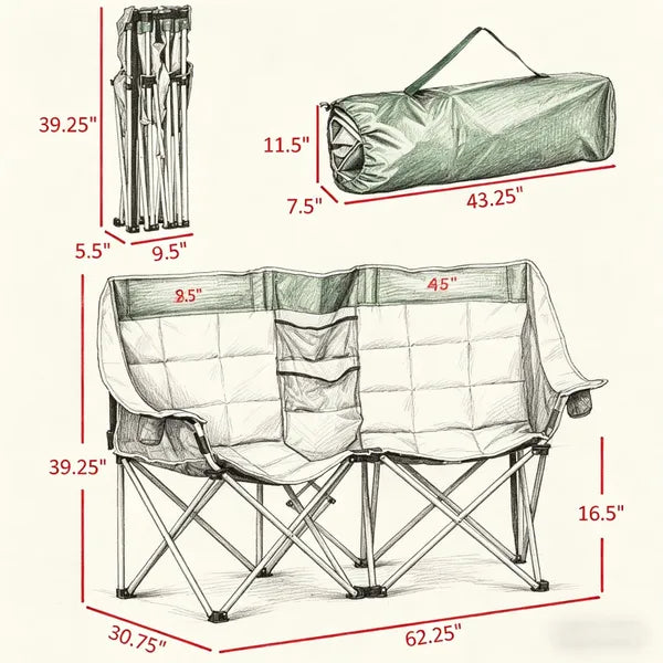 Double Folding Camping Chair with Carry Bag and Cup Holder
