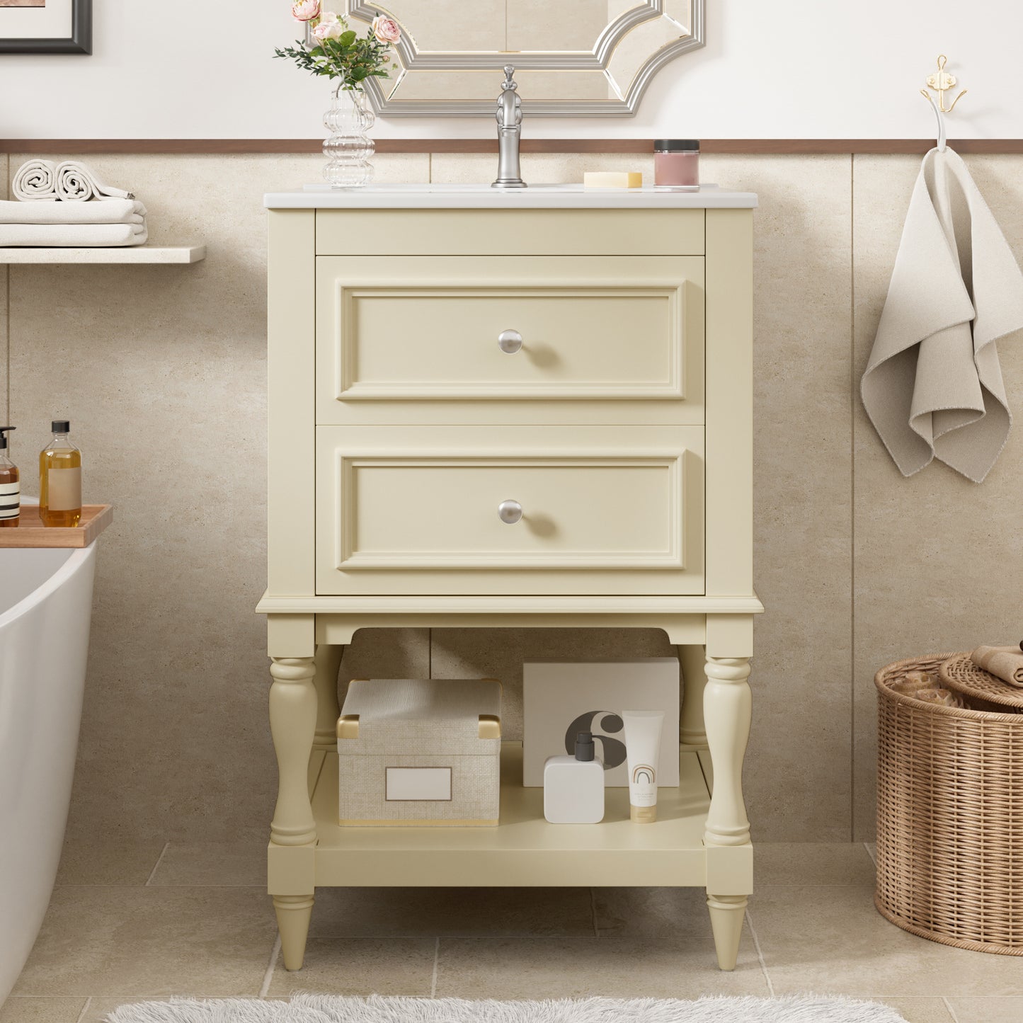 20'' Beige Bathroom Vanity with Ceramic Sink & 2 Drawers
