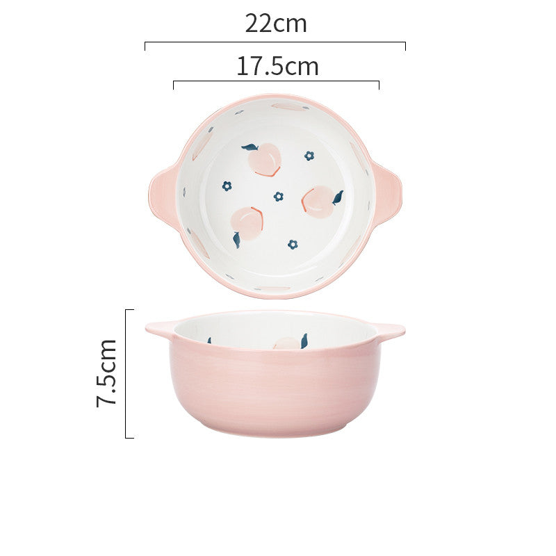 Ceramic Double-Ear Soup Bowl 7-Inch Large Porcelain Noodle Bowl Peach