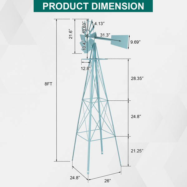 8ft Garden Windmill Wind Vane with Green Steel Construction