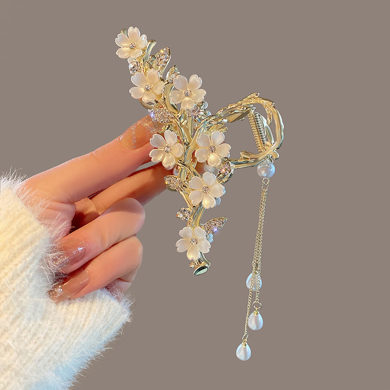 Large Metal Pearl Bell Orchid Tassel Hair Clip - Rhinestone Claw Grip
