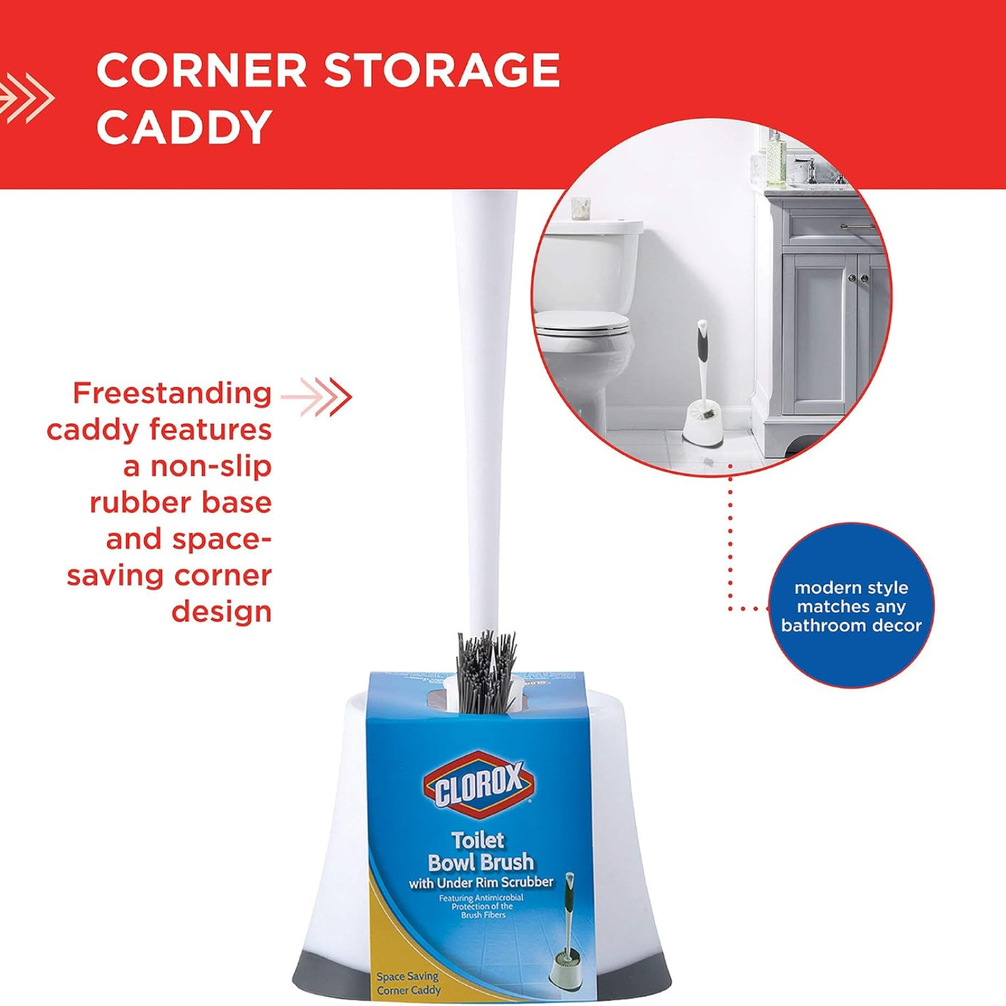 Corner Toilet Bowl Brush Set with Under Rim Scrubber and Storage Caddy - White Bathroom Cleaning Tool