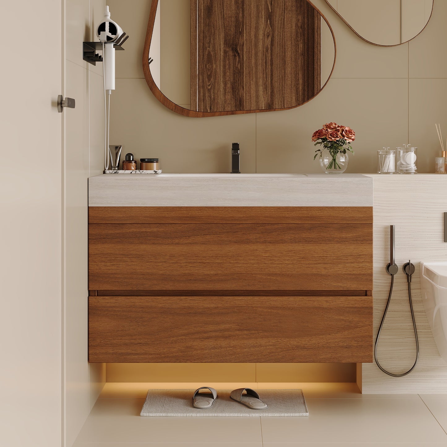 29.9" Modern Floating Bathroom Vanity with Faux Marble Top - Stone Gray Walnut