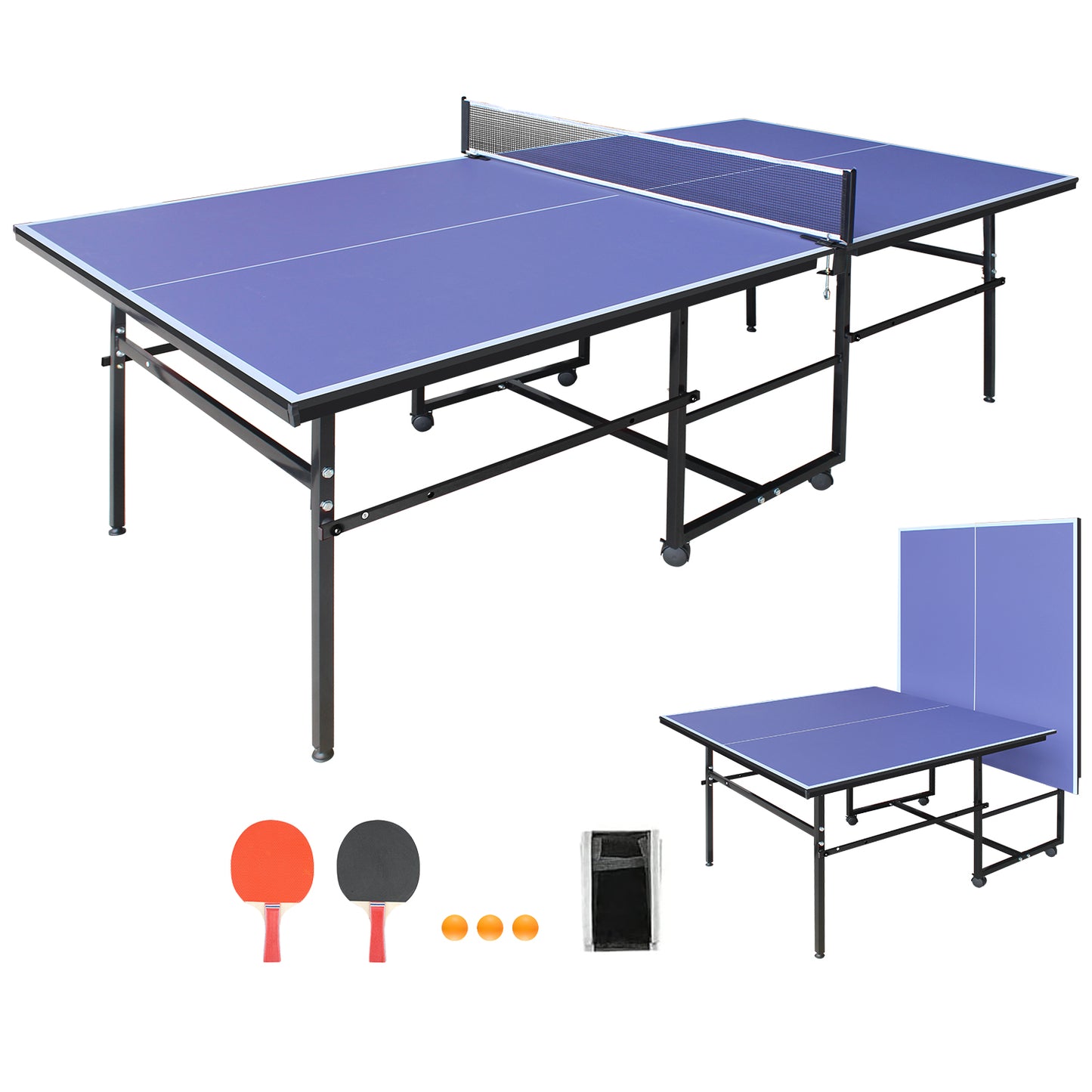 Mid-Size Foldable Blue Table Tennis Set - Includes Paddles & Balls