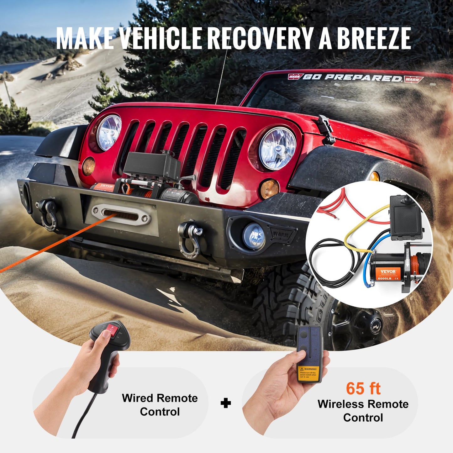 Electric Winch for Trucks 6000 Lb Synthetic Rope Waterproof Remote Control Black