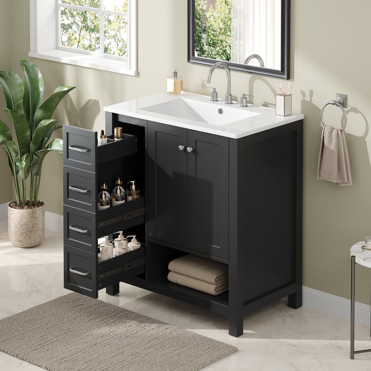 30-Inch Bathroom Vanity with Sink Top - Black Solid Wood & MDF