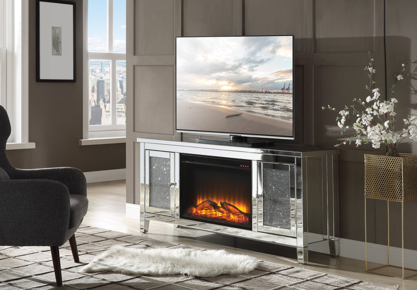 Silver TV Stand with Electric Fireplace & Storage - 65" TV Size