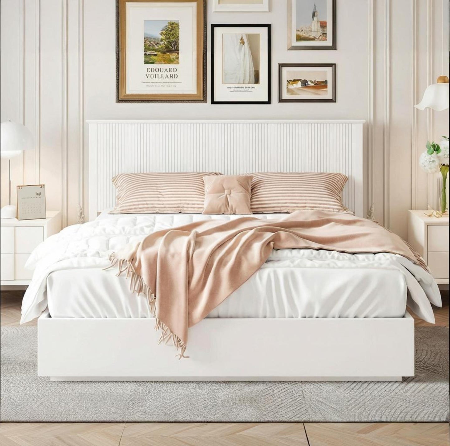 Stylish King Size Bed Frame - White Solid Wood Bed, 600lbs Weight