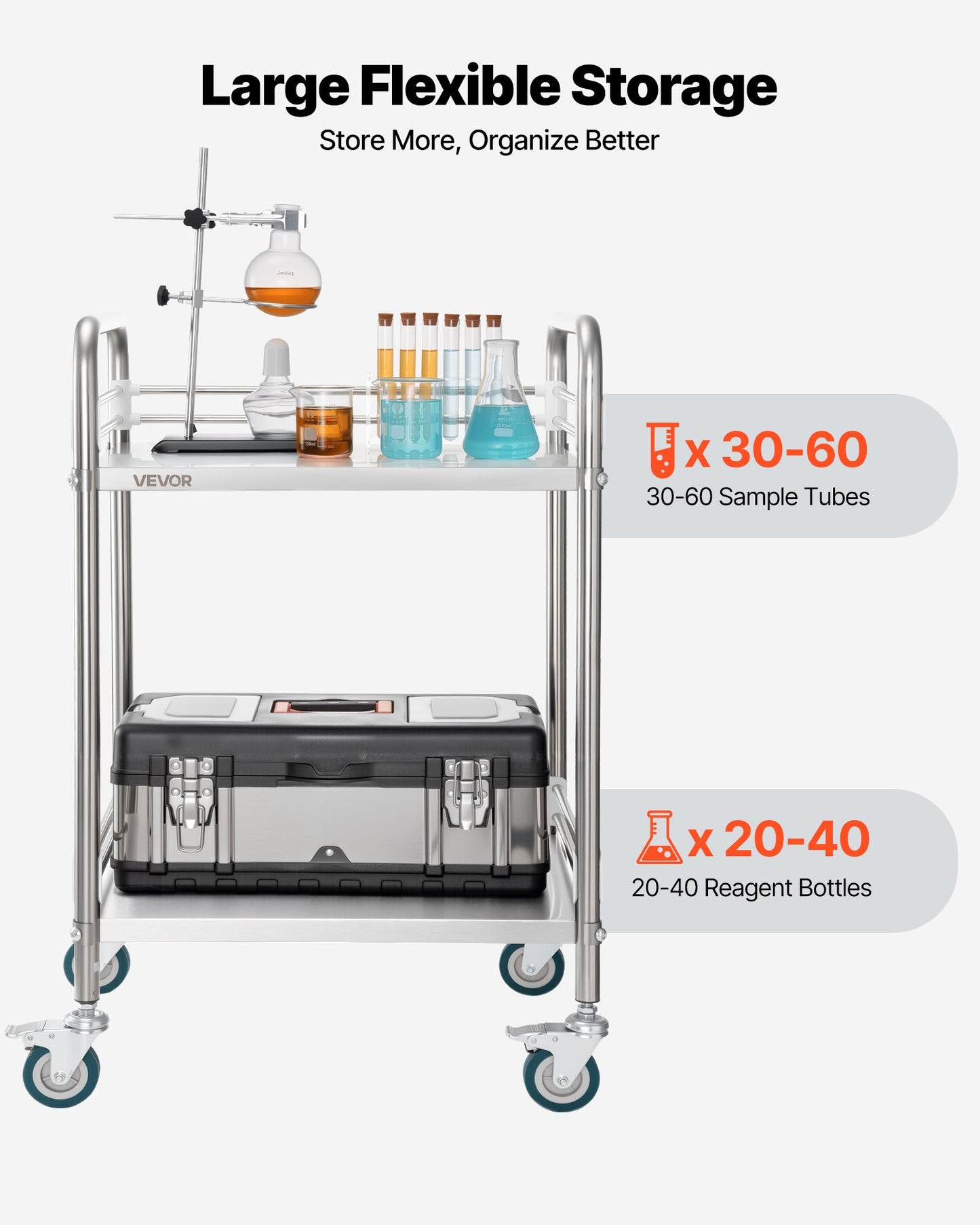 Stainless Steel Utility Cart with Lockable Wheels - 2-Tier Mobile Service Trolley for Hospital, Restaurant, Kitchen, Salon