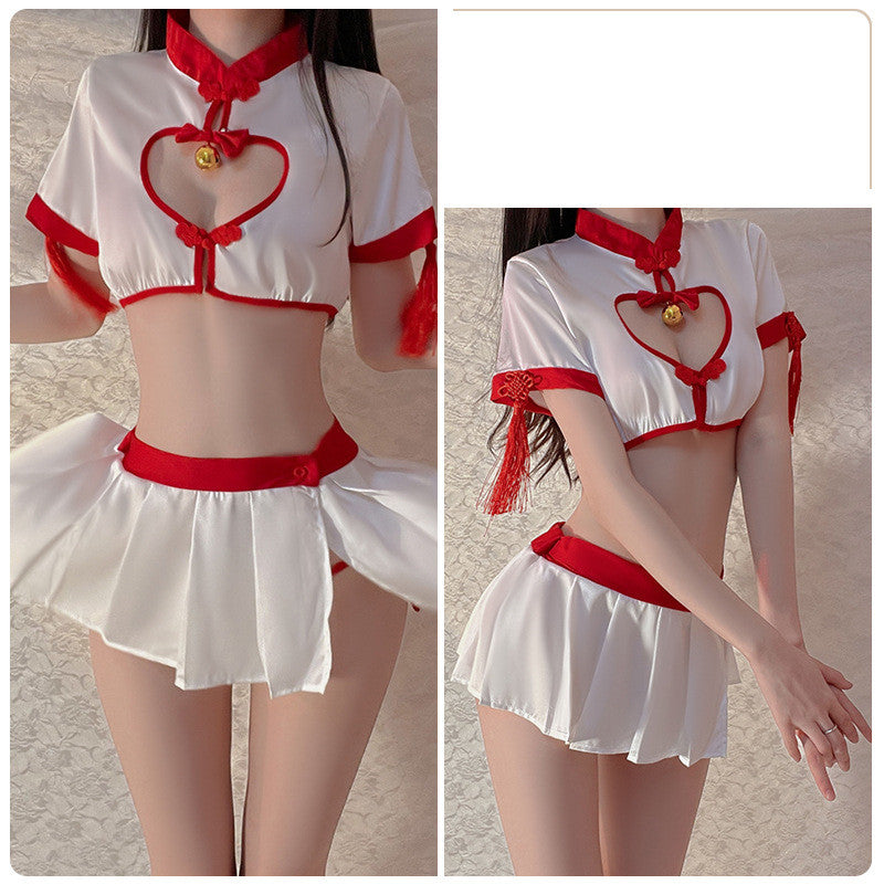 Sexy Cheongsam Suit for Role Playing Satin Hollow Out Lingerie Set