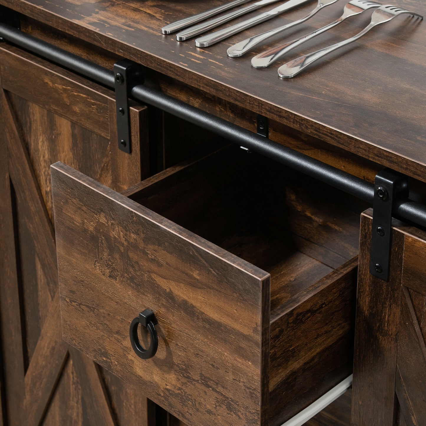 Rustic Brown Buffet Cabinet with Sliding Barn Doors - Kitchen Storage