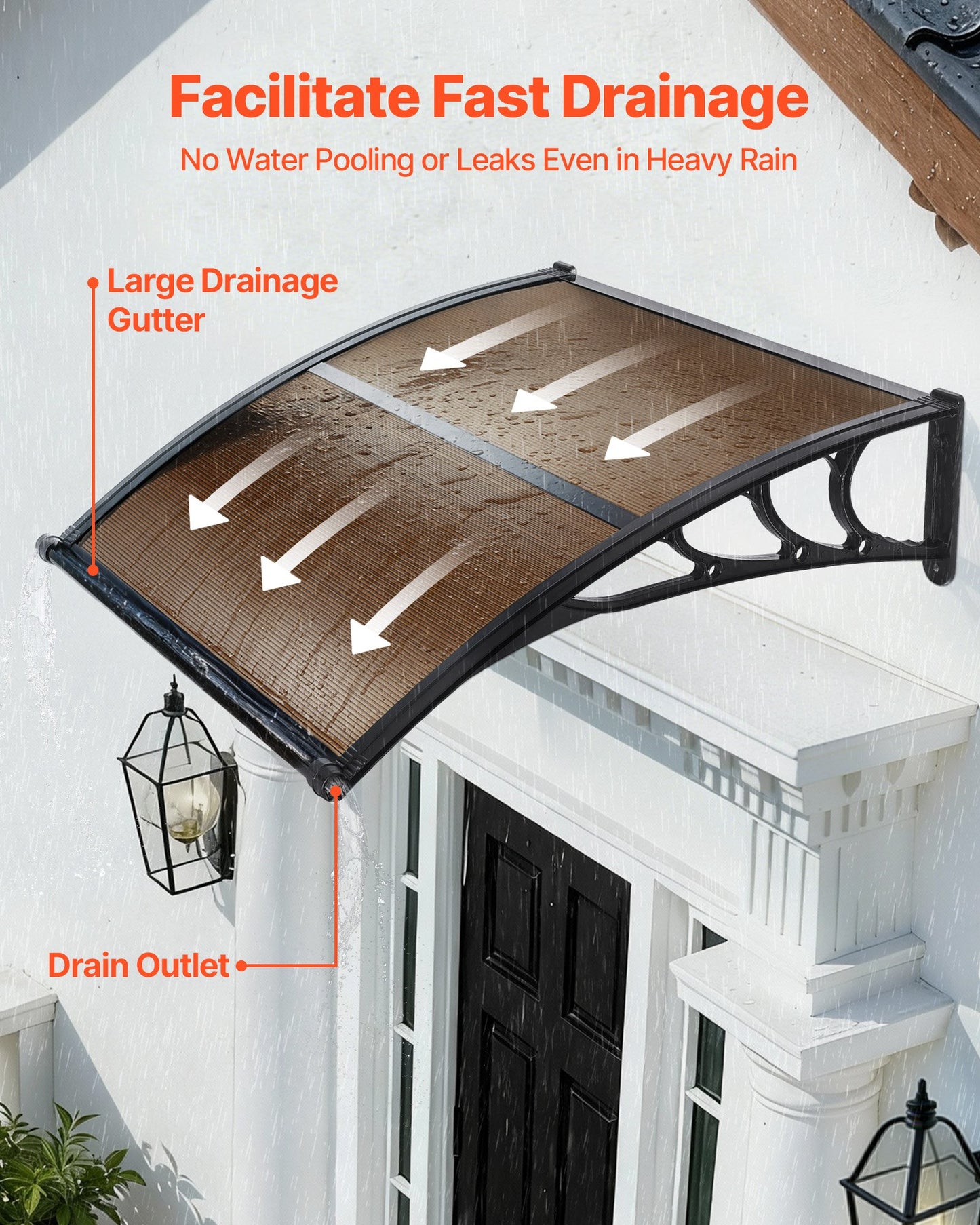 Polycarbonate Door Awning 38x40 Inch Waterproof Overhang with Drainage & Mounting Kit - Brown