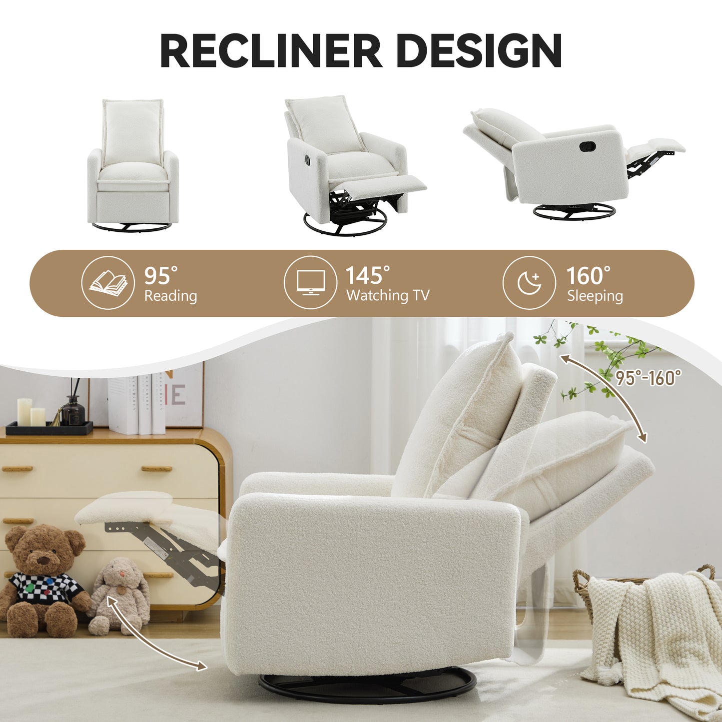 Swivel Rocker Recliner Chair - Teddy Fleece in White