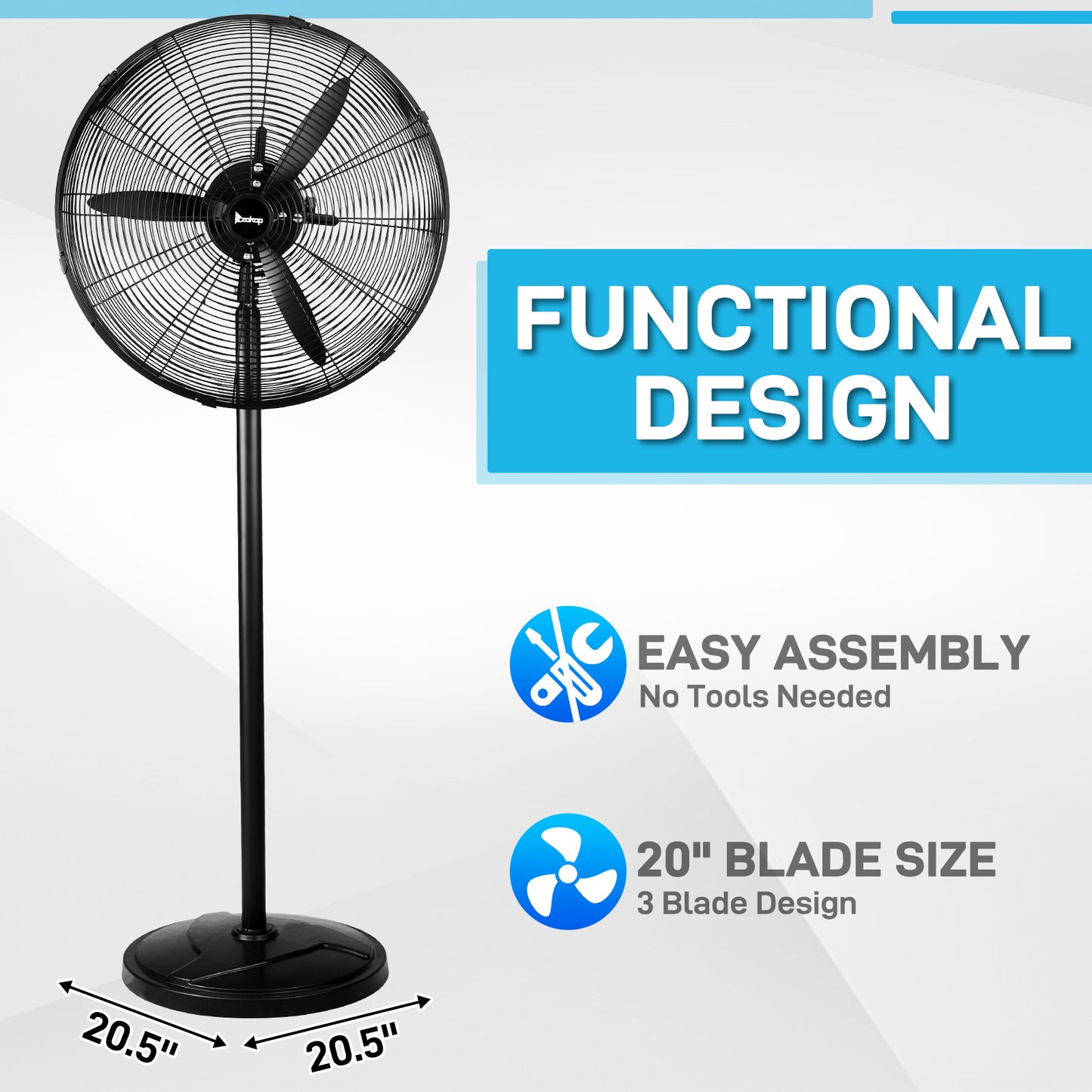20 Inch Oscillating Pedestal Floor Fan with Copper Motor, 4-Speed Adjustable Height