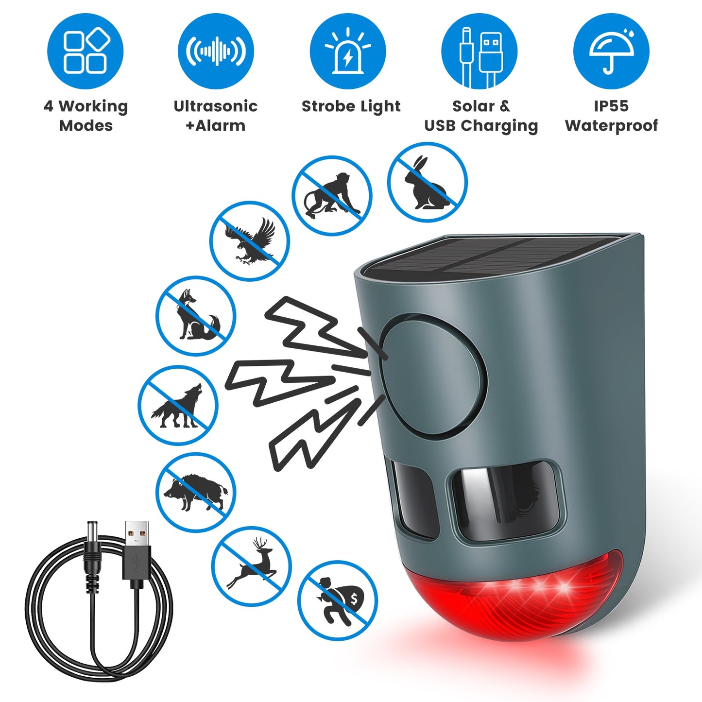 Ultrasonic Solar Animal Repeller 3-in-1 Motion Activated Deterrent IP55 Waterproof