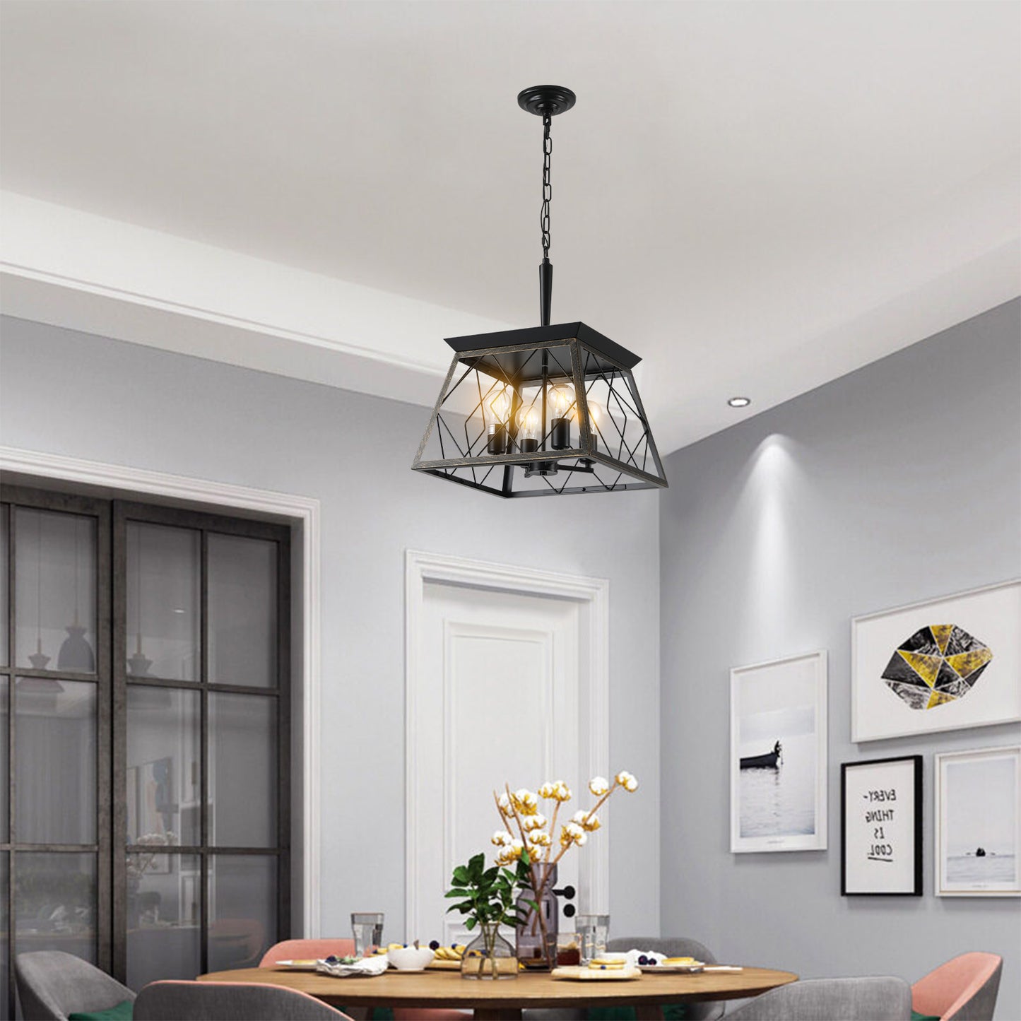 16-Inch Black Gold Industrial 4-Light Pendant Chandelier