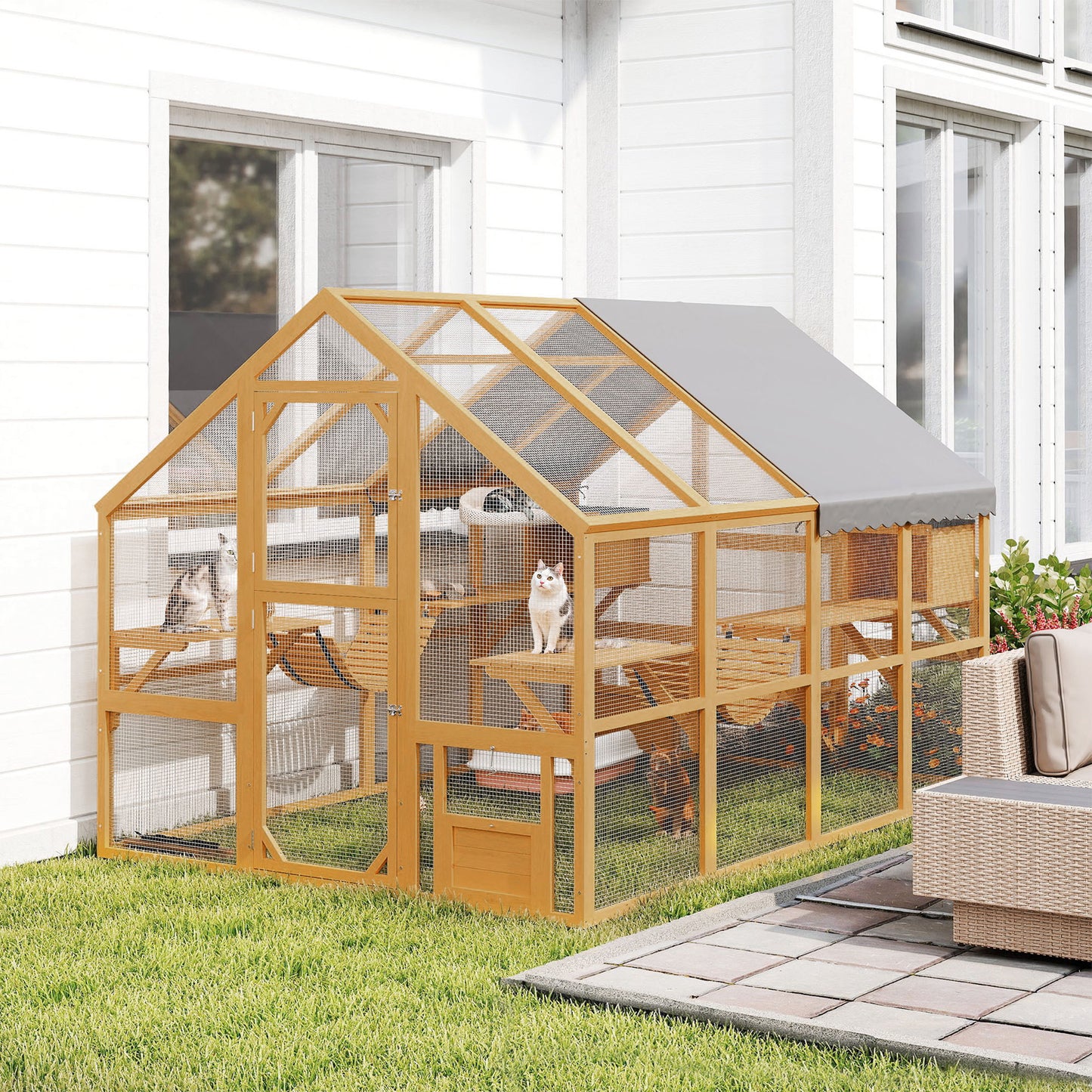 Large Wooden Outdoor Cat Enclosure with Waterproof Cover & 2 Condos