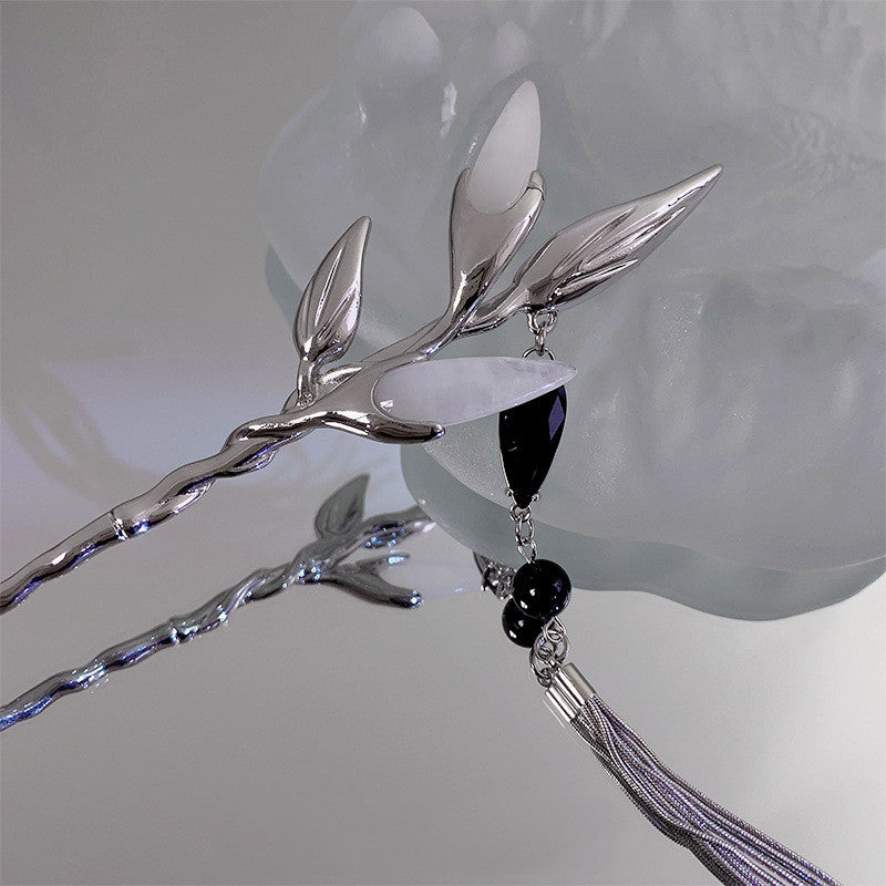 Silver Bamboo Leaf Hairpin with Tassel