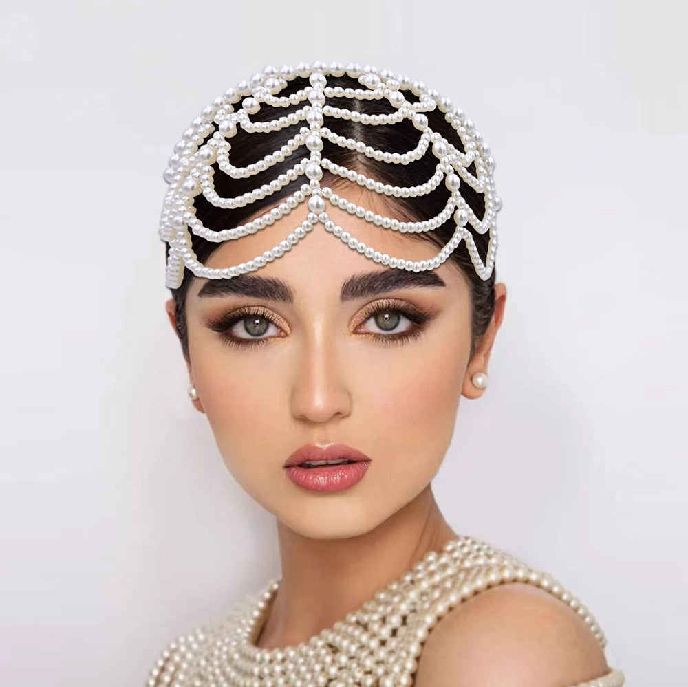 Pearl Bridal Tiara with Forehead Decoration for Wedding and Special Occasions