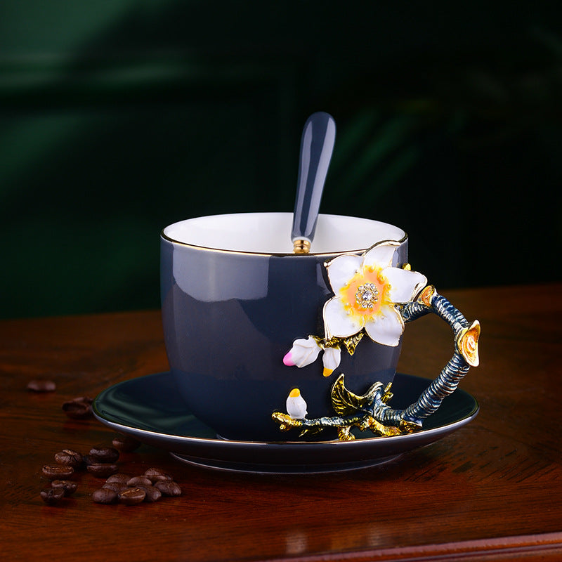 Enamel Coffee Cup and Saucer Set - Ceramic Drinkware Kitchen Decor