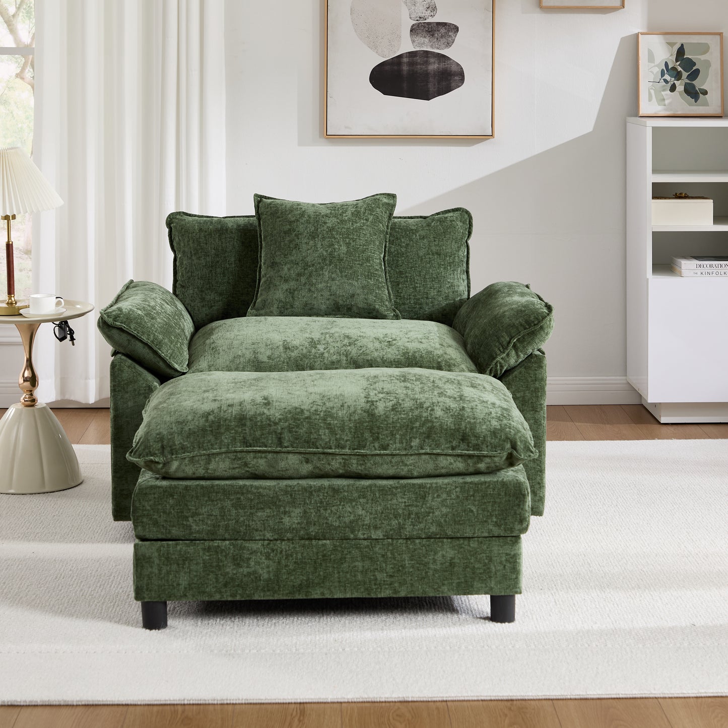 Modern Accent Chair with Ottoman - Green Chenille Upholstered Armchair