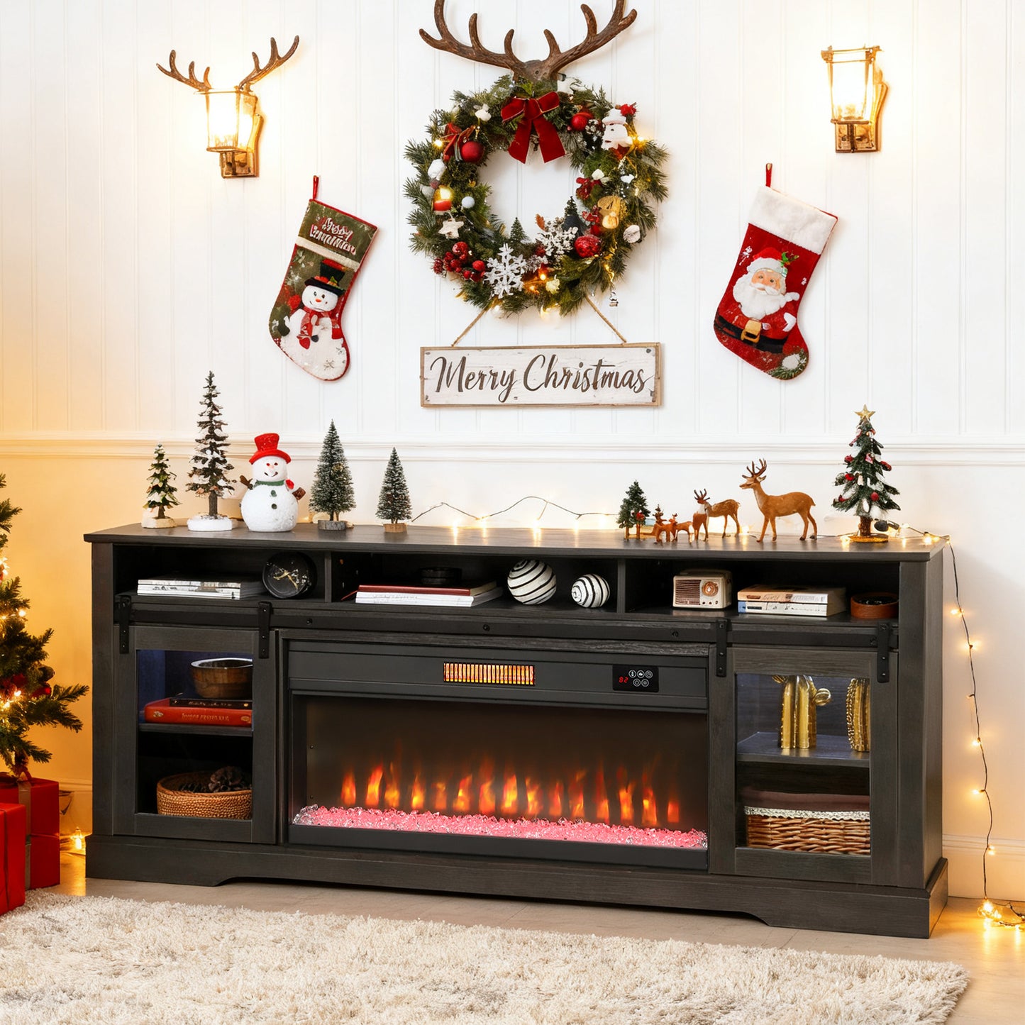 Electric Fireplace TV Stand for 80 Inch TVs, Gray Home Entertainment Console