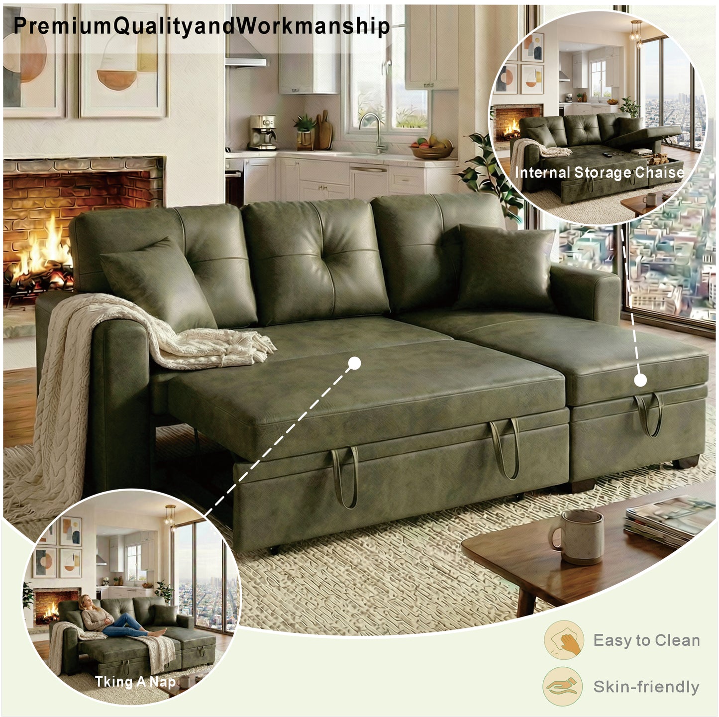 Sleeper Sofa with Pull-Out Bed & Reversible Chaise - Olive Green