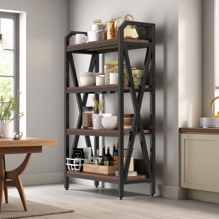 56.3'' Metal and Wooden Bakers Rack - 4-Level Kitchen Storage