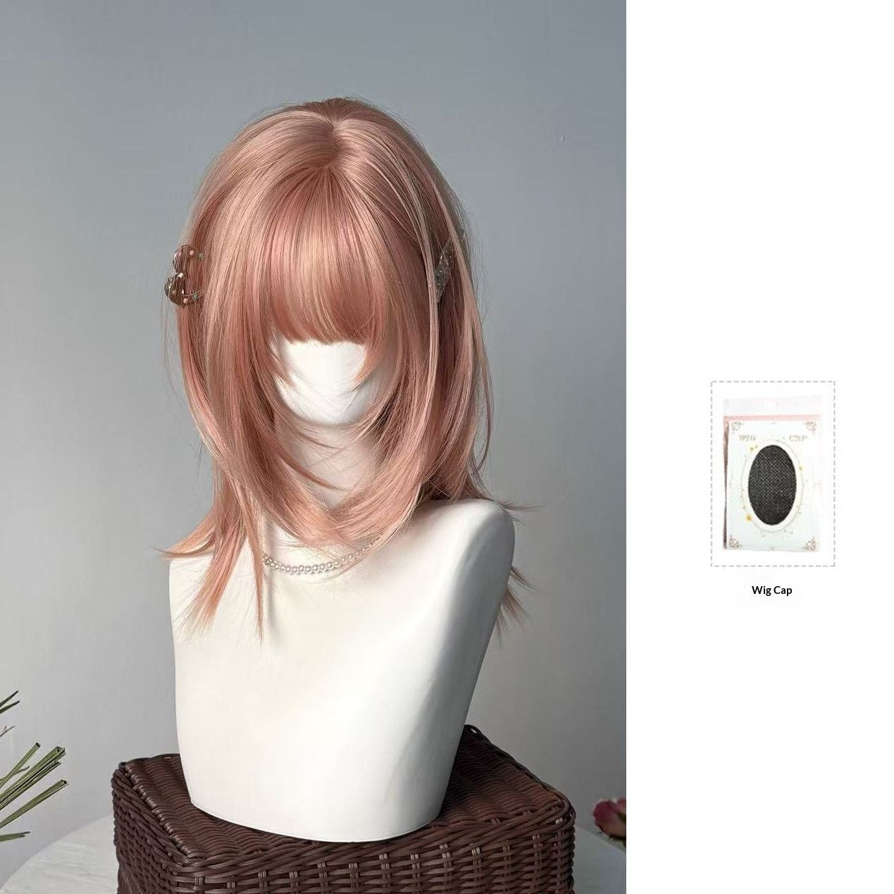Summer Mullet Short Hair Wig with Fog Pink Color and Hair Net or Care Set
