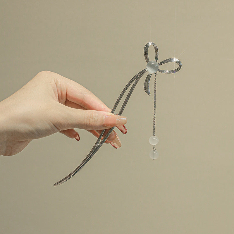 Elegant Bow Hairpin with Crystal Accent - Modern Hair Accessory