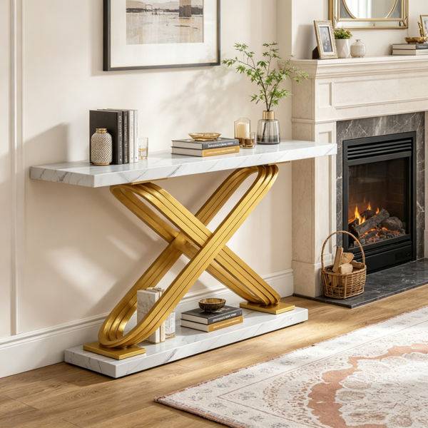 Luxury Console Table with White Faux Marble Top & Gold Metal Frame
