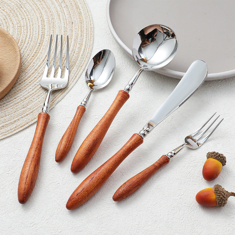 Stainless Steel Cutlery Set with Wooden Handles - Forks Spoons Knives