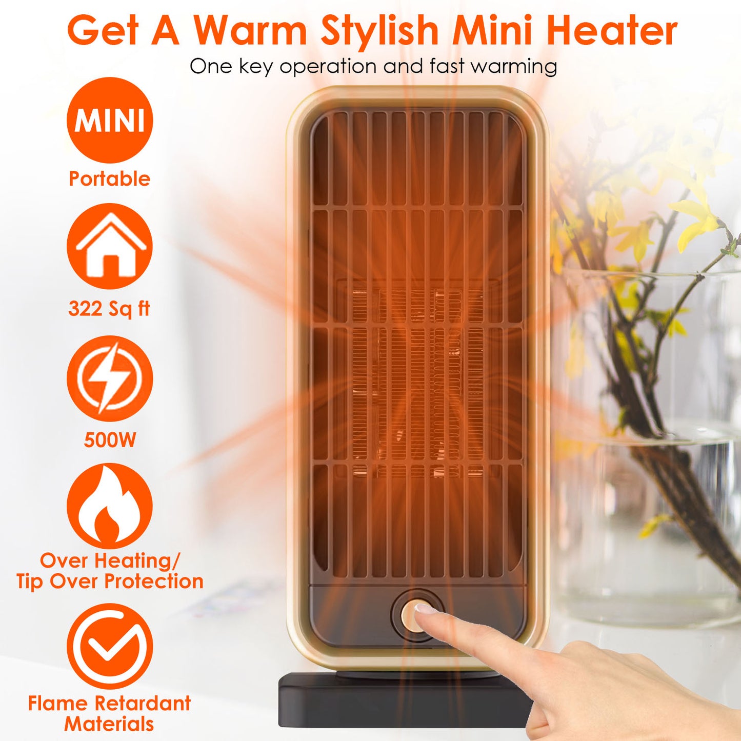 Portable Electric Space Heater 500W with Overheat & Tip-Over Safety - Fast Heating for Home & Office
