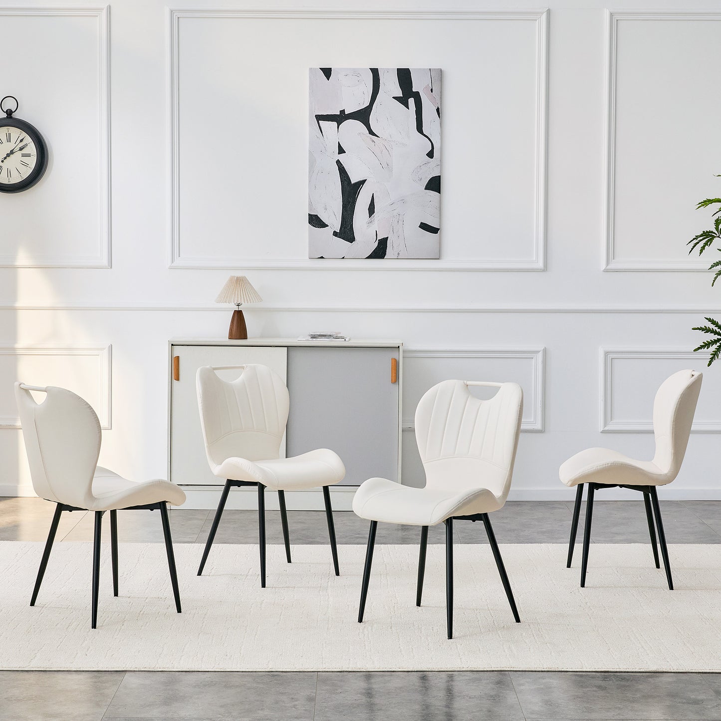 Set Of 4 White PU Dining Chairs With Integrated Handle. Black Metal