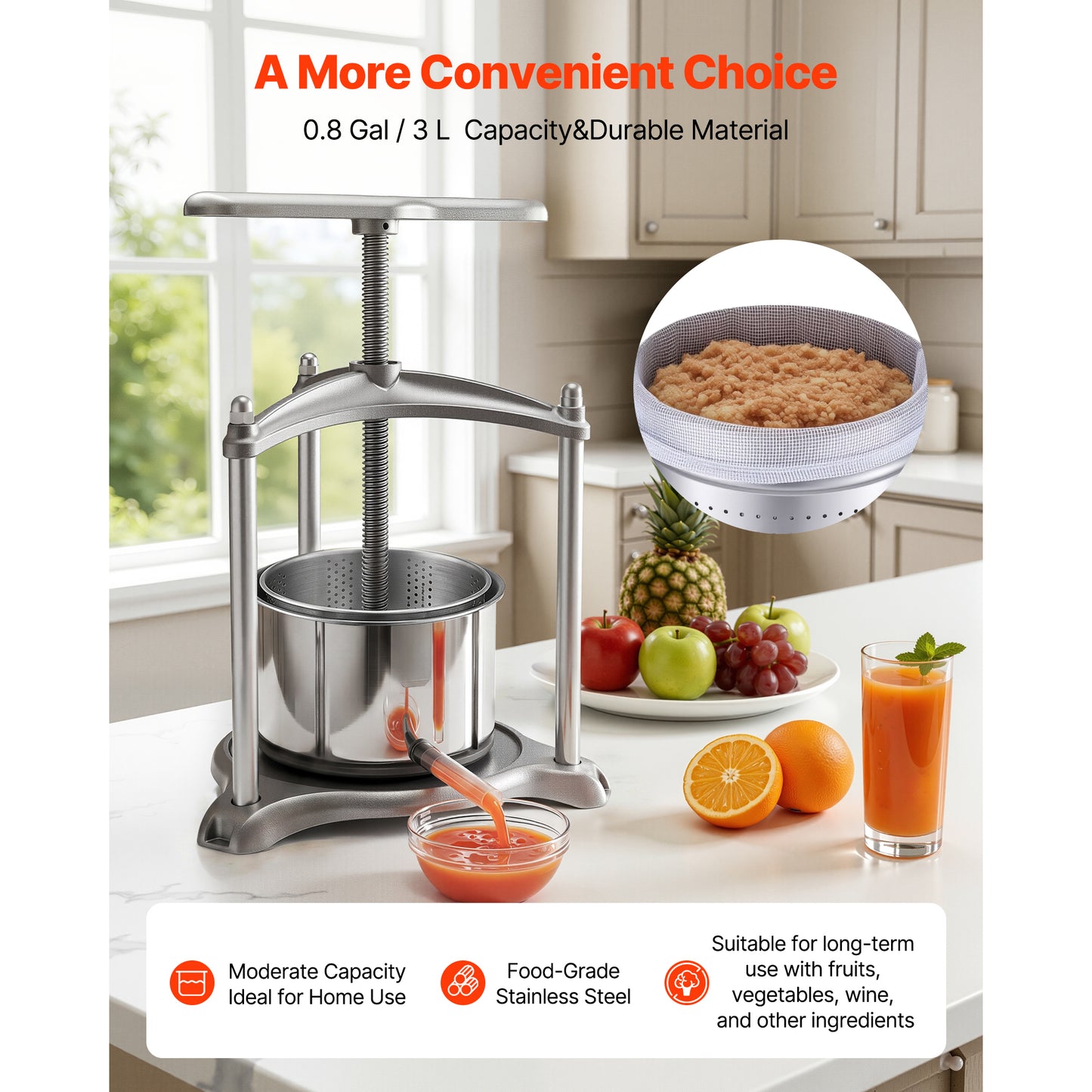 Stainless Steel Fruit Wine Press 0.8 Gallon Juice Maker for Home Brewing