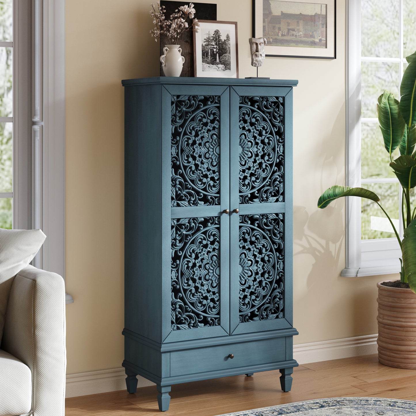 Rustic 55'' Tall Storage Cabinet with Drawer - Antique Blue