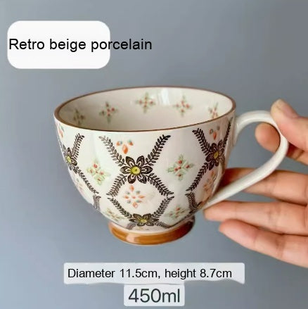 Large Capacity Ceramic Breakfast Mug for Milk and Oatmeal - Vintage Style, 400-450ml