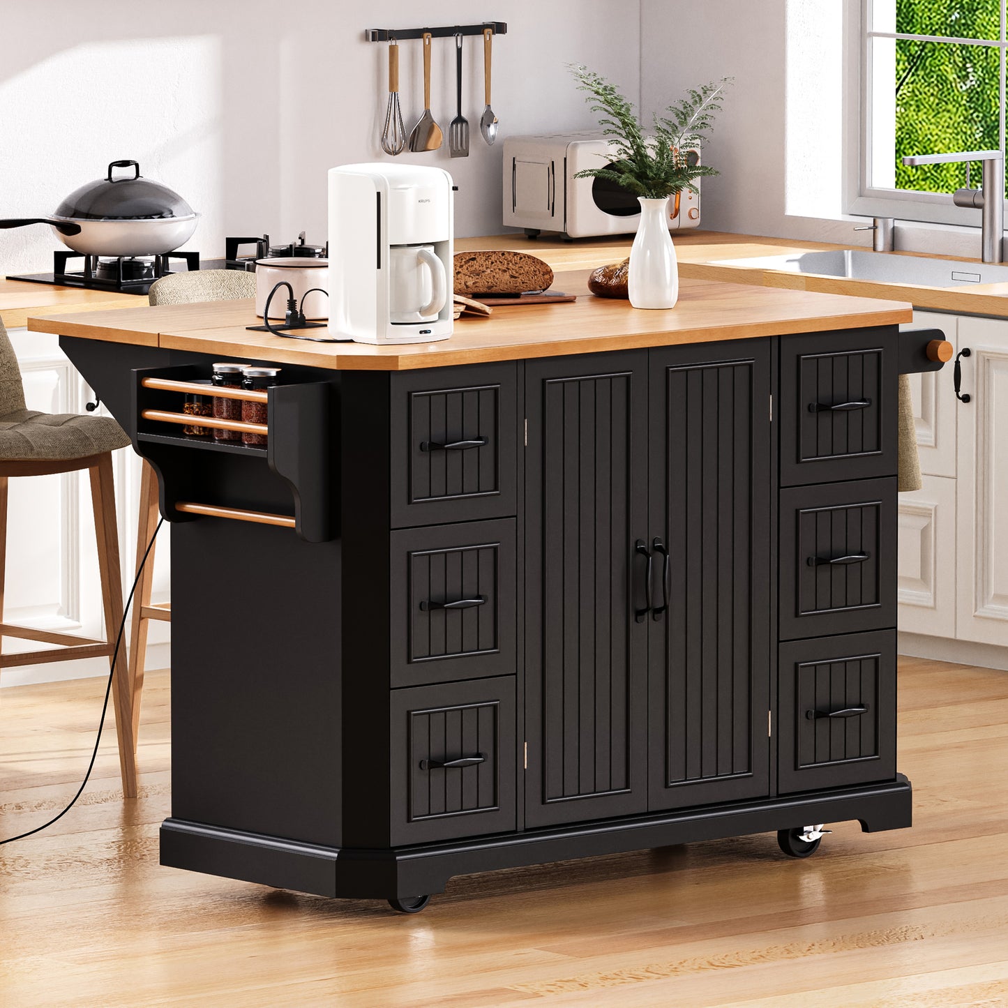 K&K 56 Inch Kitchen Island With Rubber Wood Veneer Drop Leaf, Power