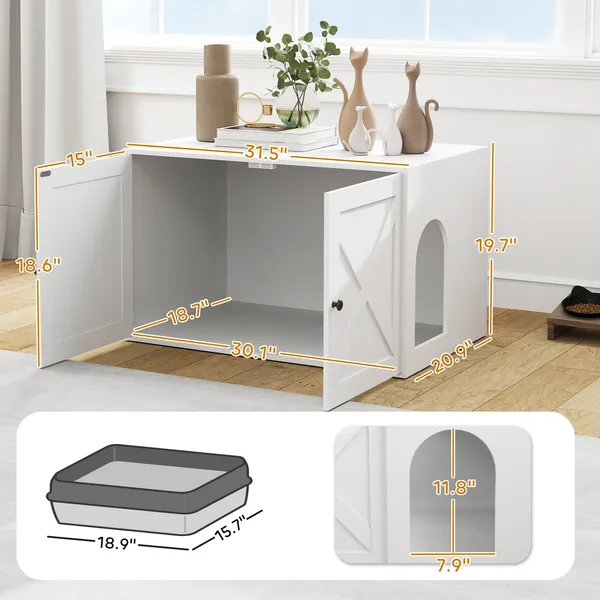 Cat Litter Box Enclosure with Barn Door and Cat Hole - White Pet House & Hidden Cat Bathroom