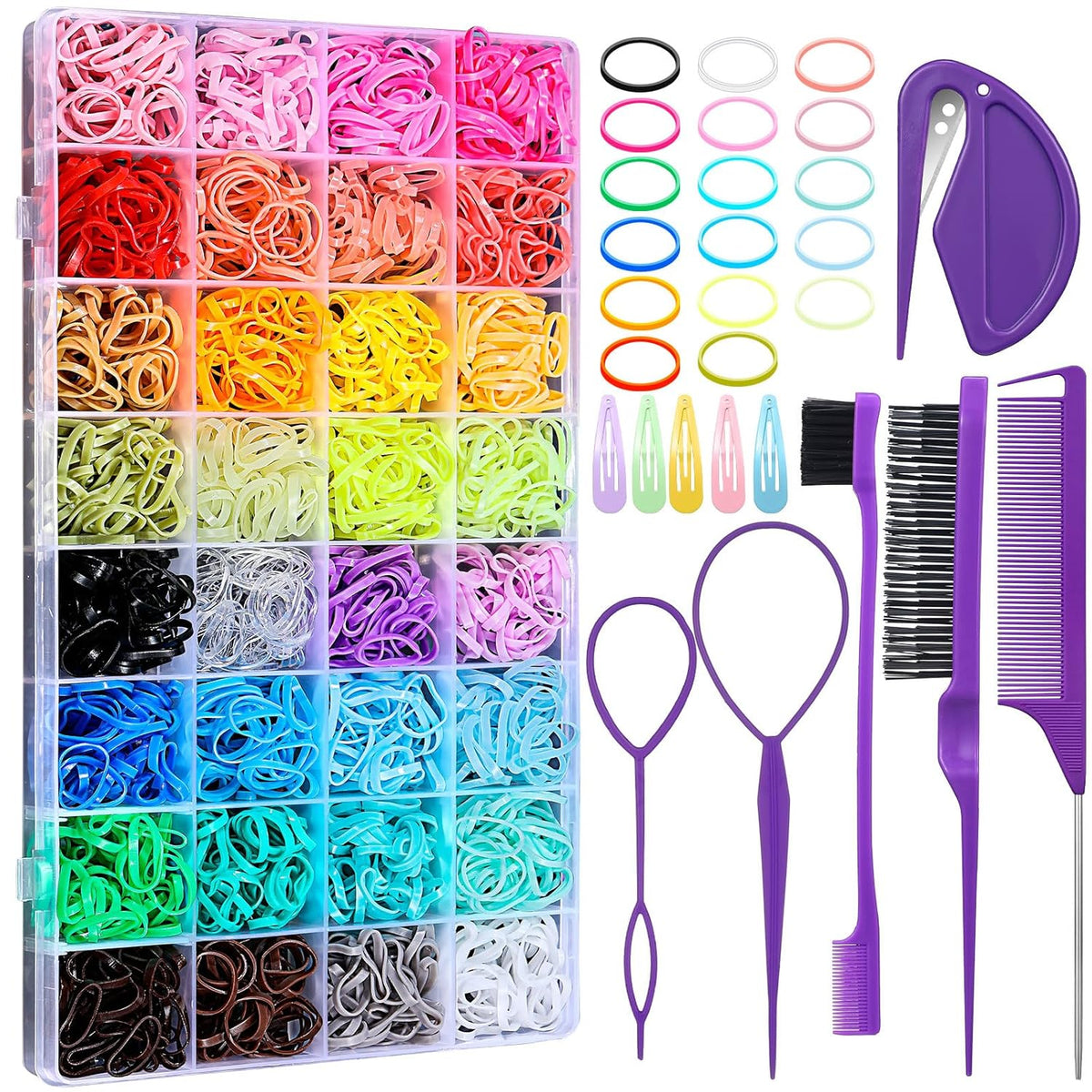 Colorful Hair Elastics Set with Styling Tools for Kids & Teens - 2000 Pcs