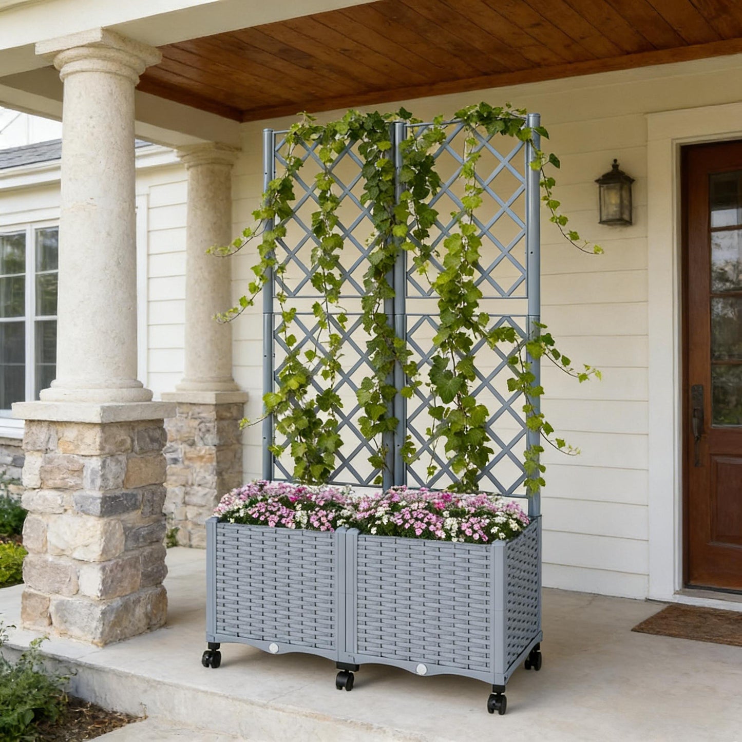 Raised Garden Bed Planter Box with Trellis - Gray