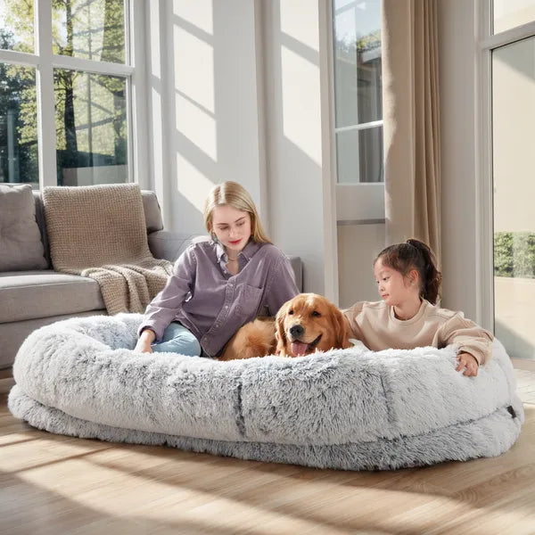 Large Human Dog Bed with Faux Fur Cover, Orthopedic Napping Pillow & Blanket