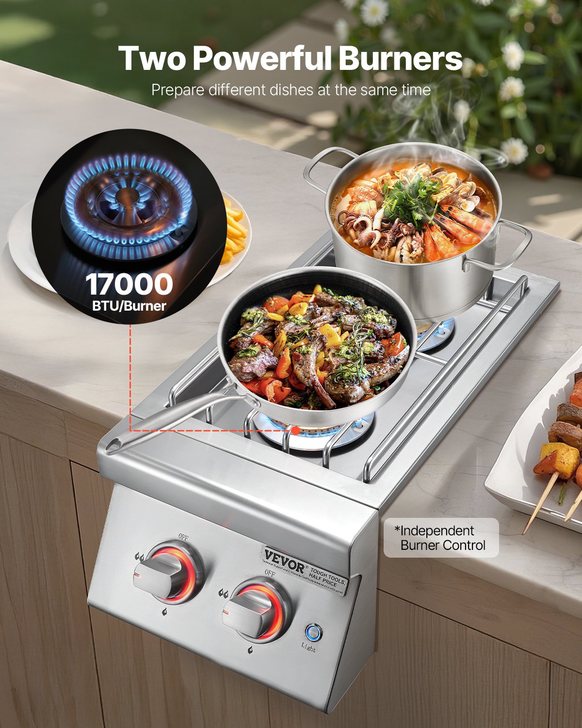 Outdoor Double Side Burner with 17,000 BTU Each - Propane & Natural Gas, Stainless Steel