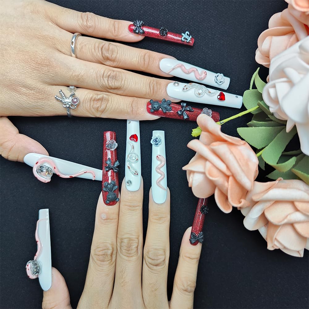 Handmade Acrylic Press-On Nails - Rhinestone Snake and Rose Design