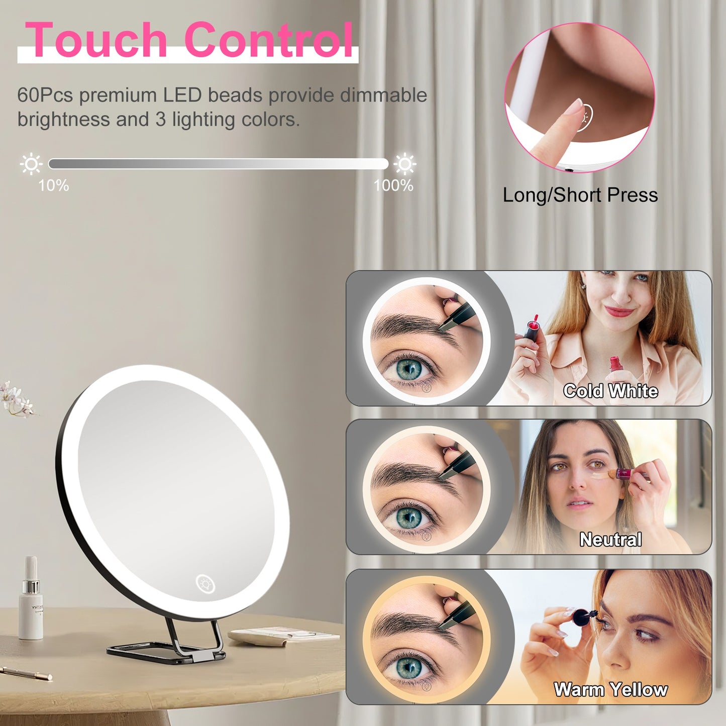 30X Magnifying Makeup Mirror with LED Light, Dimmable & 360° Adjustable Stand
