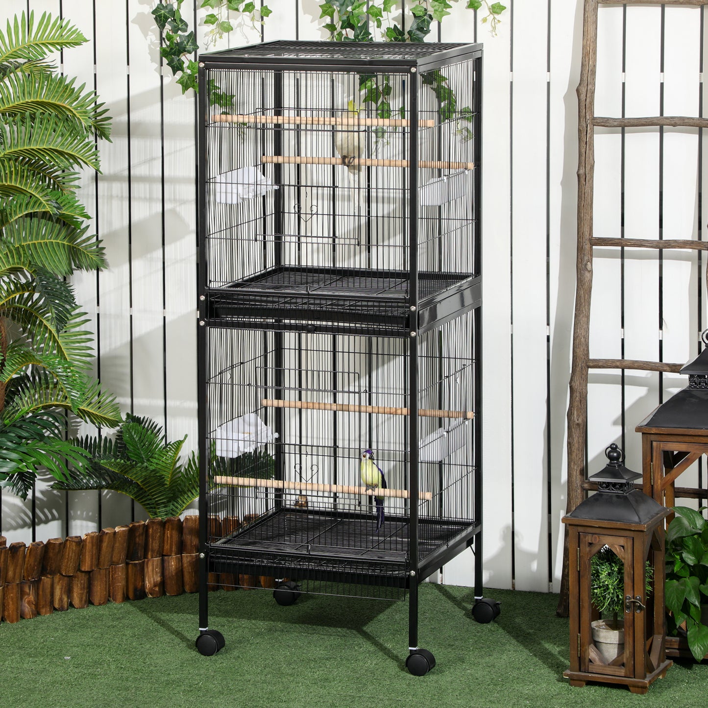 55-Inch Double Bird Cage Aviary with Wheels for Finches & Parakeets, Black