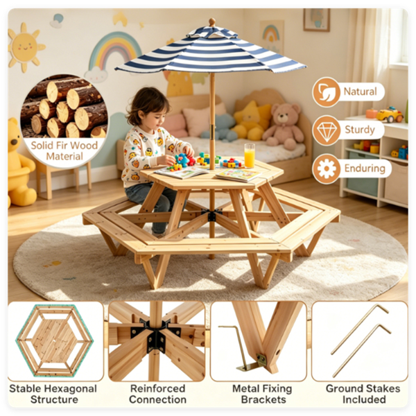 Kids Hexagonal Picnic Table with Umbrella - 6 Seats, Solid Wood Outdoor Set