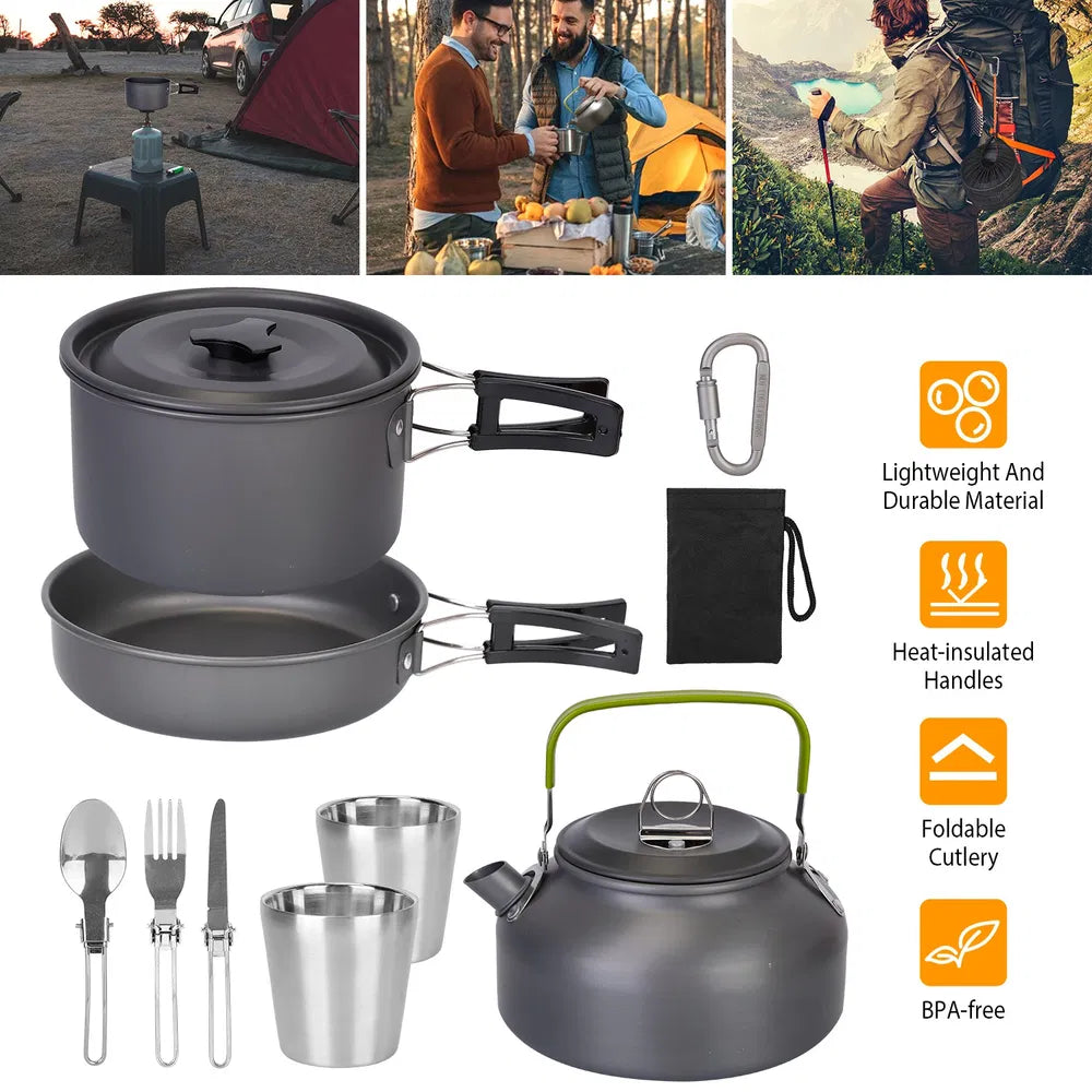12-Piece Camping Cookware Set - Aluminum Pots, Pans & Utensils
