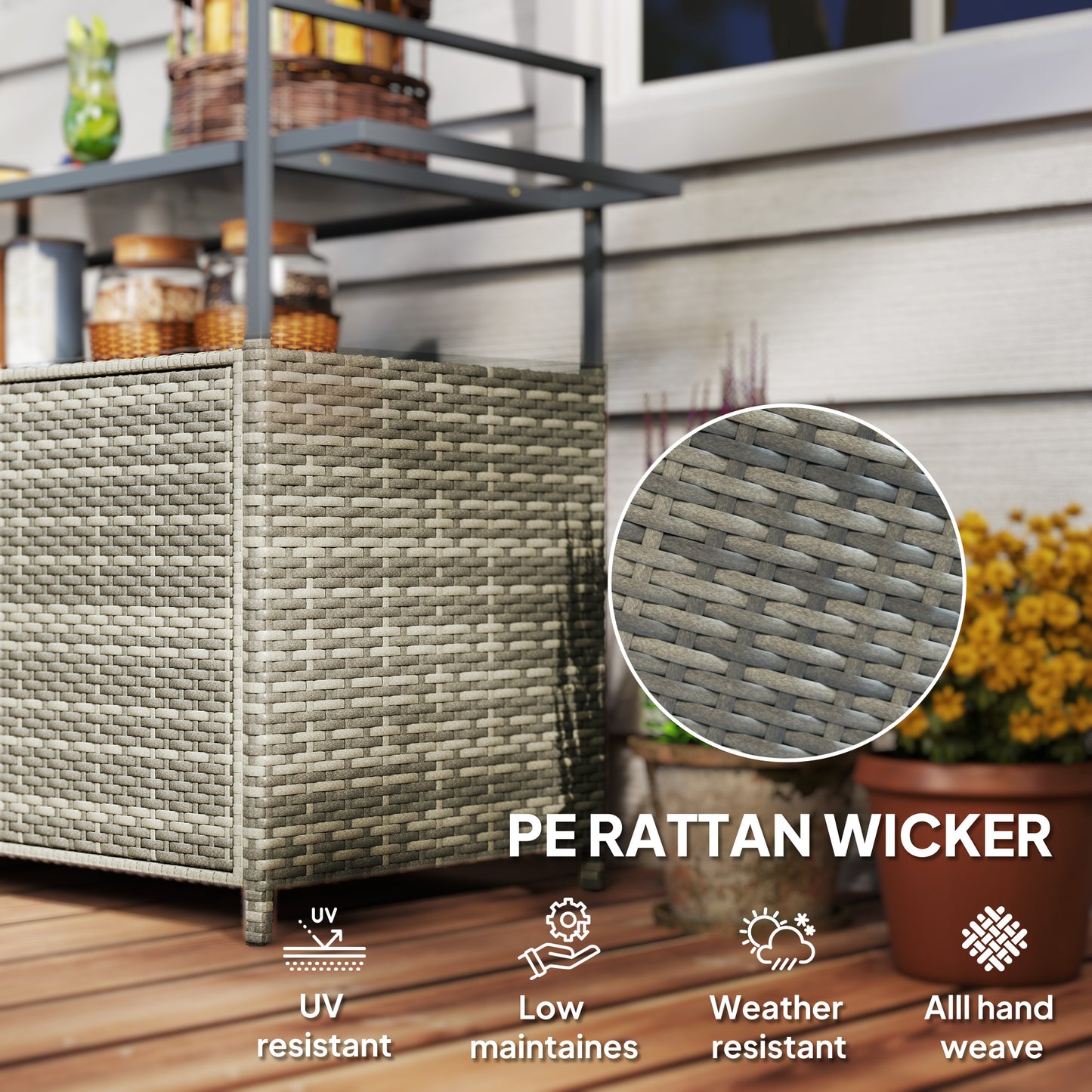 Outdoor Bar Cart with Glass Top & Cabinet - Mixed Gray