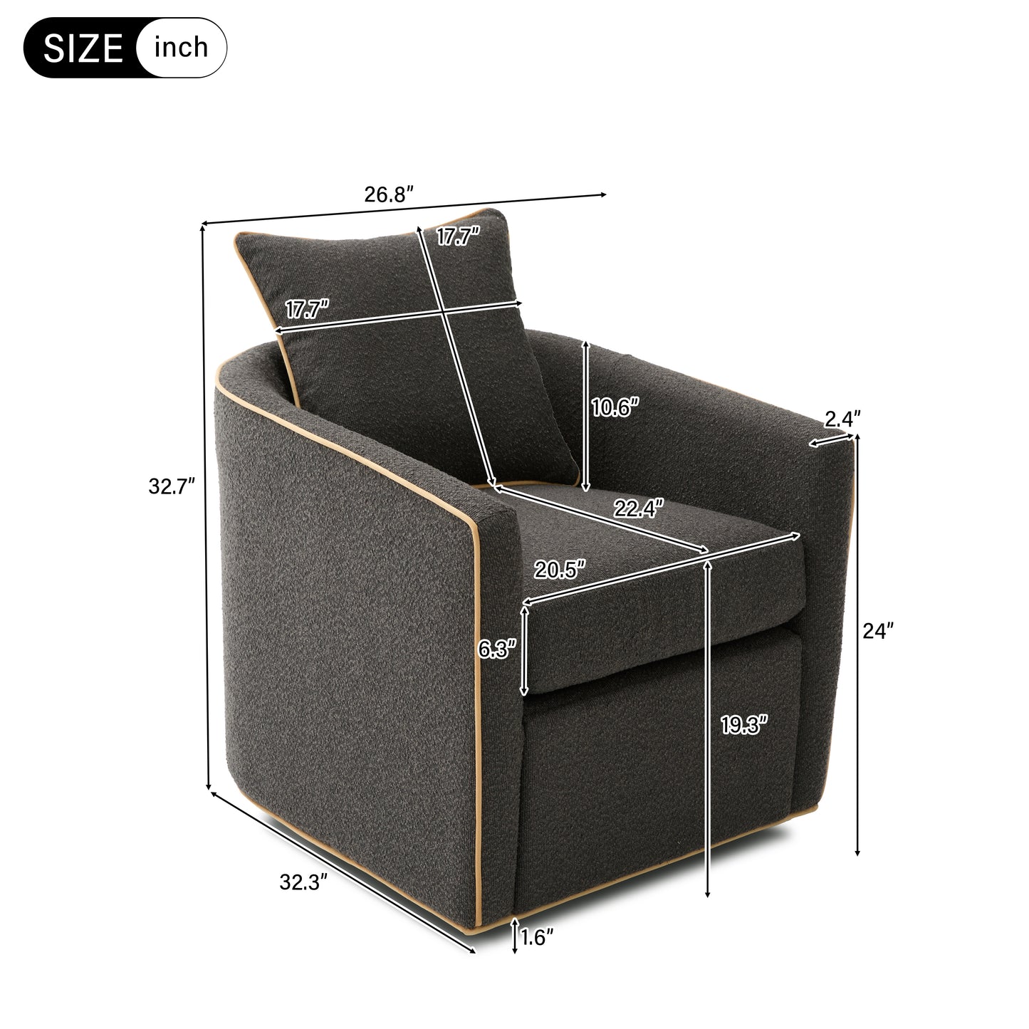 Swivel Accent Chair - Upholstered Barrel Club Chair in Dark Grey